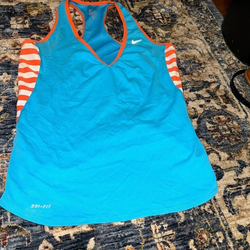 Nike women’s tank top blue orange check shirt Medium vneck